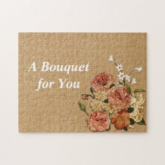 Mothers Day Peach Roses Bouquet Rust Burlap Fabric Jigsaw Puzzle