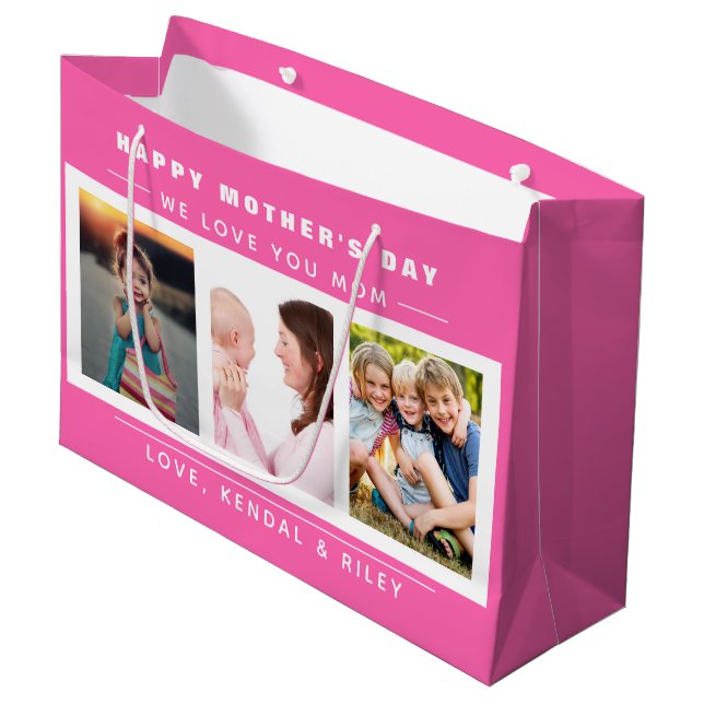 Mother's Day Photo Collage Pink Custom Large Gift Bag (Front Angled)