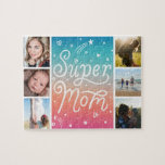Mother's Day Photo Collage Super Mom Lettering Jigsaw Puzzle<br><div class="desc">7 photos,  6 squares a card design in the center; replace with your photo as desired. Also available as a greeting card.</div>