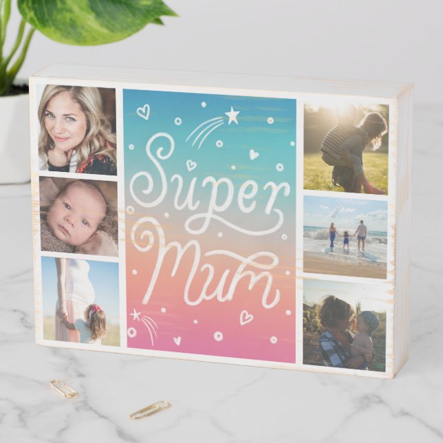 Mother's Day Photo Collage Super Mum Wooden Box Sign (In Situ Horizontal)