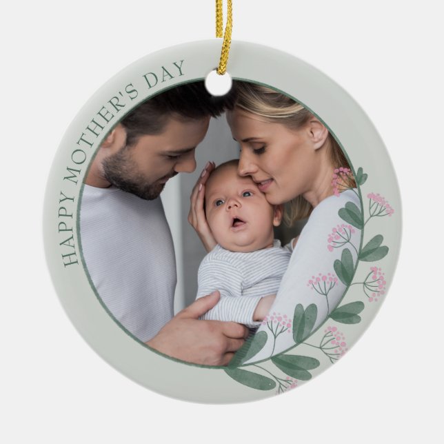 Mother's Day Photo Framed with Pink Wildflower Ceramic Ornament (Front)