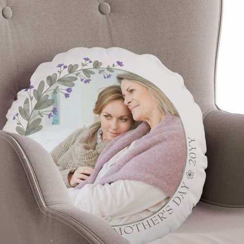 Mothers Day Photo Purple Wildflower Floral Frame Round Pillow