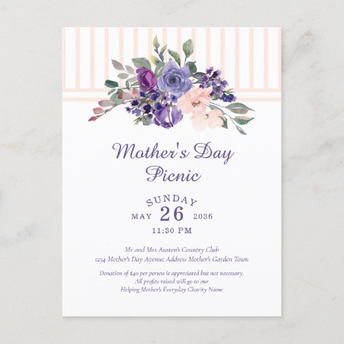 Mothers Day Picnic Floral Watercolor Purple Invitation Postcard