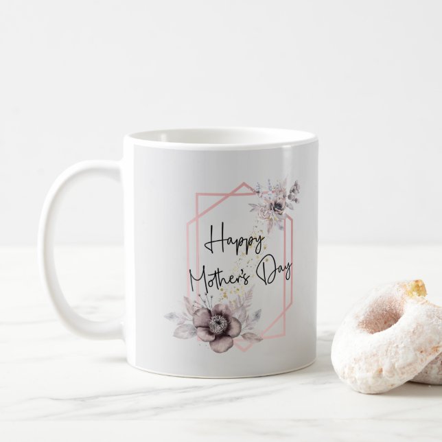 Mother's Day Pink and Gray Floral with Photo Coffee Mug (With Donut)