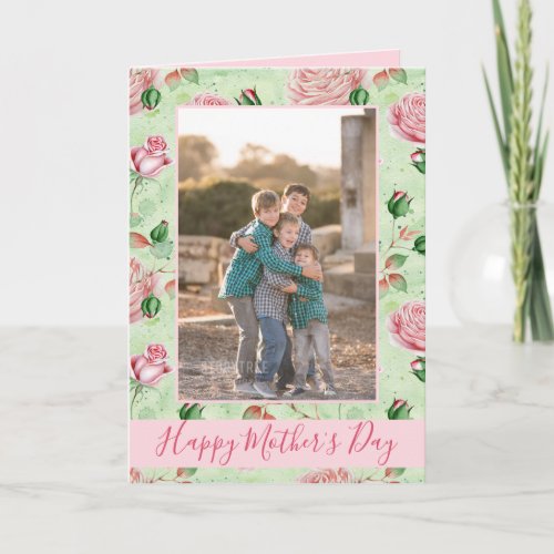Mothers Day Pink and Green floral print photo Card
