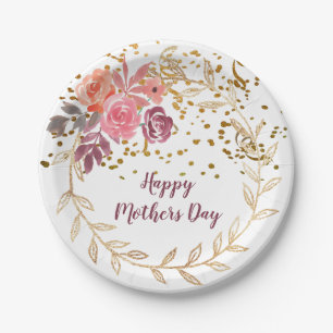 Mother's Day Pink And Marsala Gold Glitter Floral Paper Plates