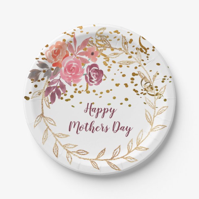 Mother's Day Pink And Marsala Gold Glitter Floral Paper Plates (Front)
