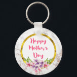 Mother's Day Pink and Purple Watercolor Magnolias Keychain<br><div class="desc">A Happy Mother's Day button badge with an elegant design -  a faux marble texture in white makes up the background. Layered over top is a frame with a faux gold foil border. Large pink and purple watercolor magnolia flowers with green leafy accents decorate the design.</div>