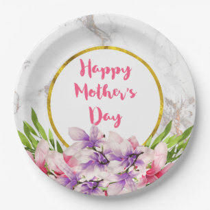 Mother's Day Pink and Purple Watercolor Magnolias Paper Plates