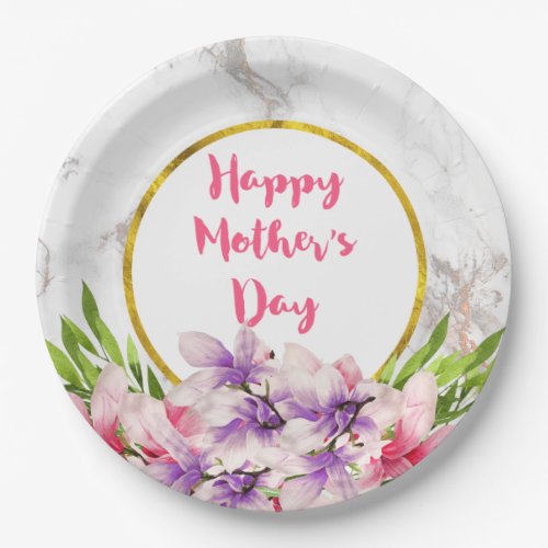 Mothers Day Pink and Purple Watercolor Magnolias Paper Plates