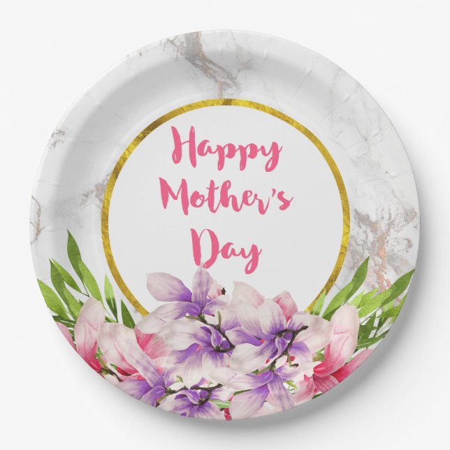 Mother's Day Pink and Purple Watercolor Magnolias Paper Plates (Front)