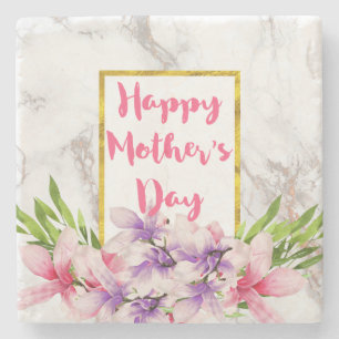 Mother's Day Pink and Purple Watercolor Magnolias Stone Coaster