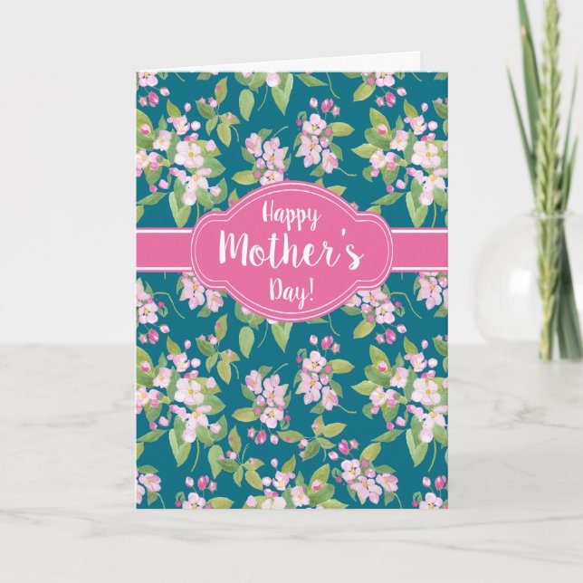 Mother's Day Pink Apple Blossom on Dark Blue Card (Front)