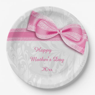 Mother's Day Pink Damask and Faux Bow Paper Plates
