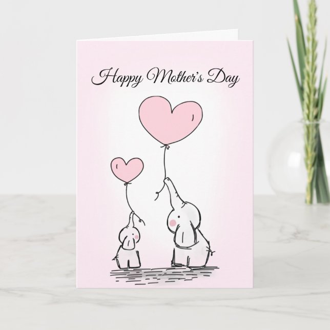Mother's Day Pink Elephants Balloon heart Card (Front)