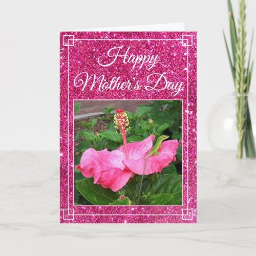 Mothers Day Pink Glitter Hibiscus Flower Photo Card