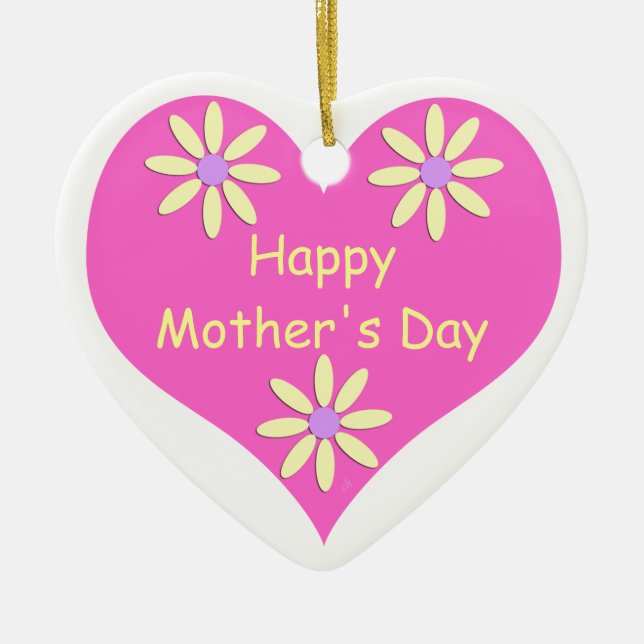 Mother's Day Pink Heart and Yellow Flowers Ceramic Ornament (Front)