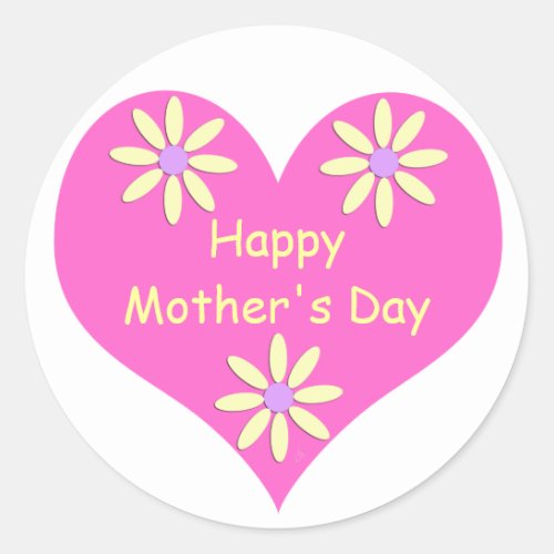 Mothers Day Pink Heart and Yellow Flowers Classic Round Sticker