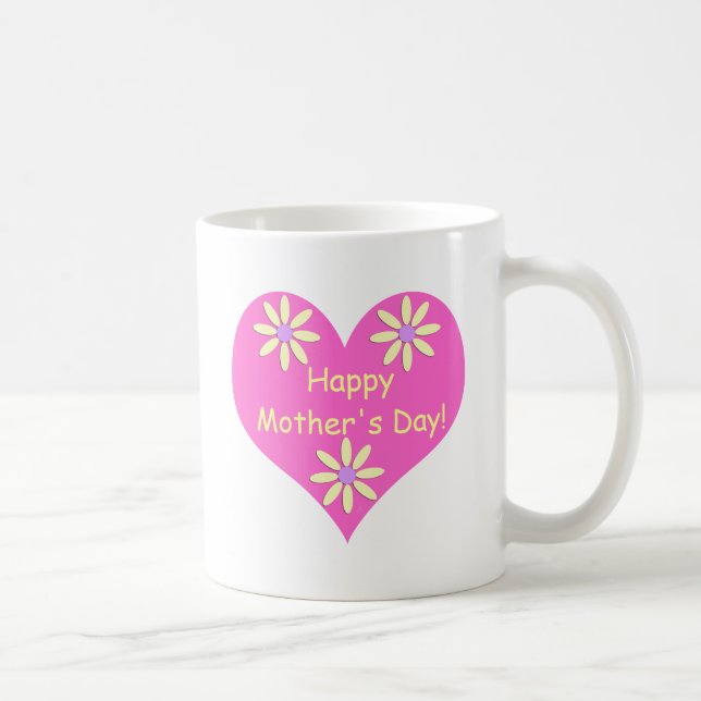 Mother's Day Pink Heart and Yellow Flowers Coffee Mug (Right)