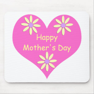 Mother's Day Pink Heart and Yellow Flowers Mouse Pad