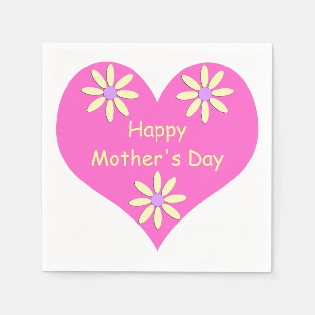 Mother's Day Pink Heart and Yellow Flowers Paper Napkins (Front)