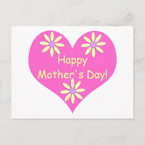 Mothers Day Pink Heart and Yellow Flowers Postcard