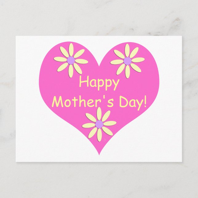 Mother's Day Pink Heart and Yellow Flowers Postcard (Front)