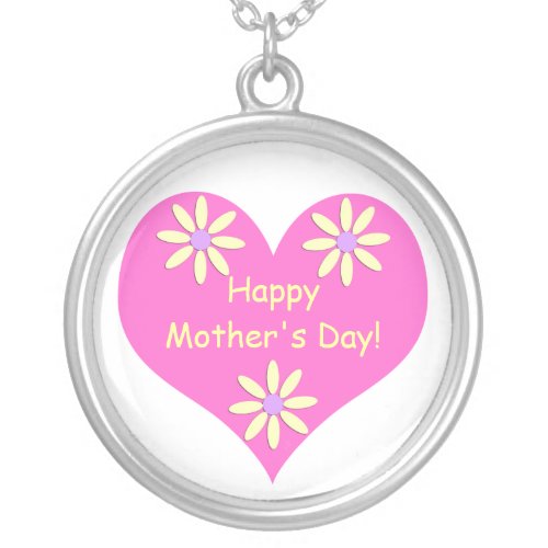 Mothers Day Pink Heart and Yellow Flowers Silver Plated Necklace