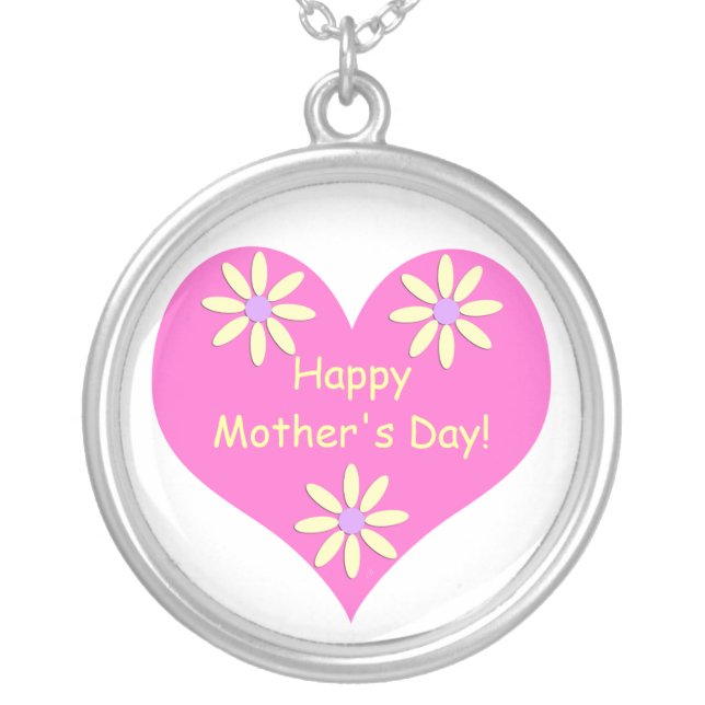 Mother's Day Pink Heart and Yellow Flowers Silver Plated Necklace (Front)