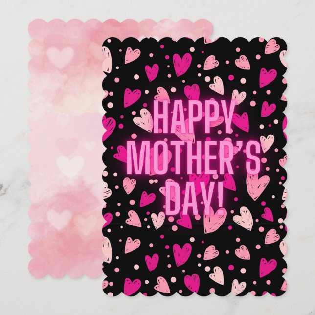 Mother's Day Pink Neon Hearts Greeting Card (Front/Back)