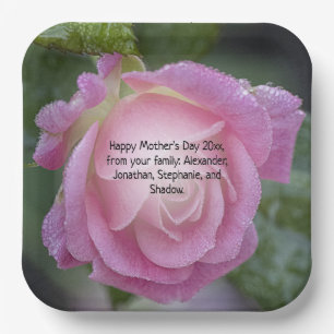 Mothers Day Pink Rose Dew Drops Floral Photo Paper Plates