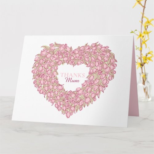 Mothers Day pink tulip heart bouquet ink art Card