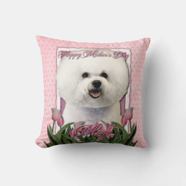 Mothers Day - Pink Tulips - Bichon Frise Throw Pillow (Front)