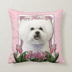 Mothers Day - Pink Tulips - Bichon Frise Throw Pillow