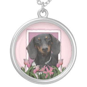 Mothers Day - Pink Tulips - Dachshund - Winston Silver Plated Necklace