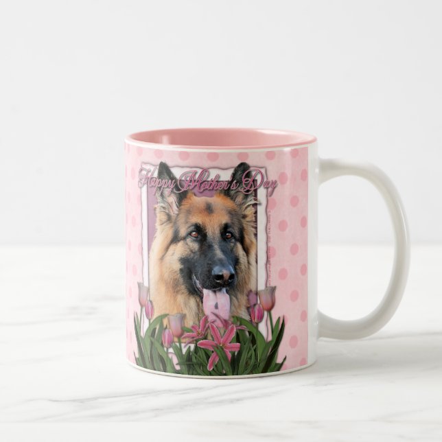 Mothers Day - Pink Tulips - German Shepherd Chance Two-Tone Coffee Mug (Right)