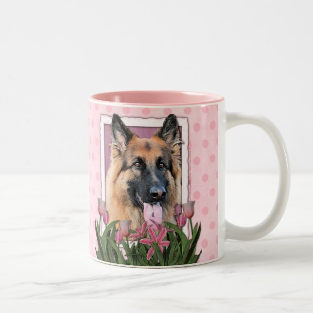 Mothers Day - Pink Tulips - German Shepherd Chance Two-Tone Coffee Mug (Right)