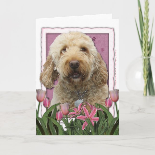 Mothers Day - Pink Tulips - Golden Doodle Card (Front)