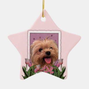 Mothers Day - Pink Tulips - Morkie - Lacey Ceramic Ornament