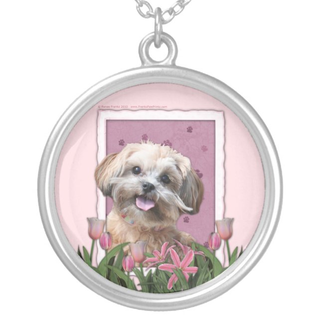 Mothers Day - Pink Tulips - ShihPoo - Maggie Silver Plated Necklace (Front)