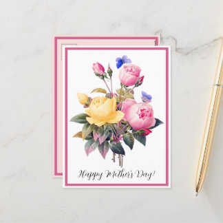 Mother's Day Pink Yellow Roses Purple Butterfly Holiday Postcard