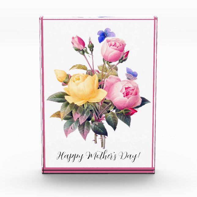 Mother's Day Pink Yellow Roses Purple Butterfly Photo Block (Front)