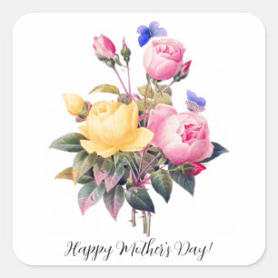 Mother's Day Pink Yellow Roses Purple Butterfly Square Sticker