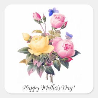 Mother's Day Pink Yellow Roses Purple Butterfly Square Sticker