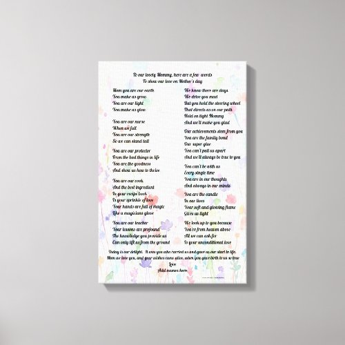 "Mother's Day Poem, Stretched canvas print" Print