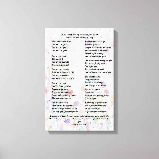 "Mother's Day Poem, Stretched canvas print" Print (Front)