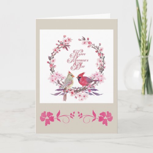 Mothers Day Pretty Cardinal Floral Wreath Card