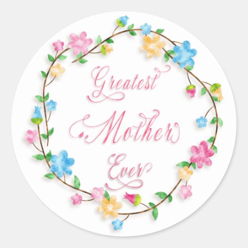 Mothers Day Pretty Floral Wreath 3 Word Art Classic Round Sticker