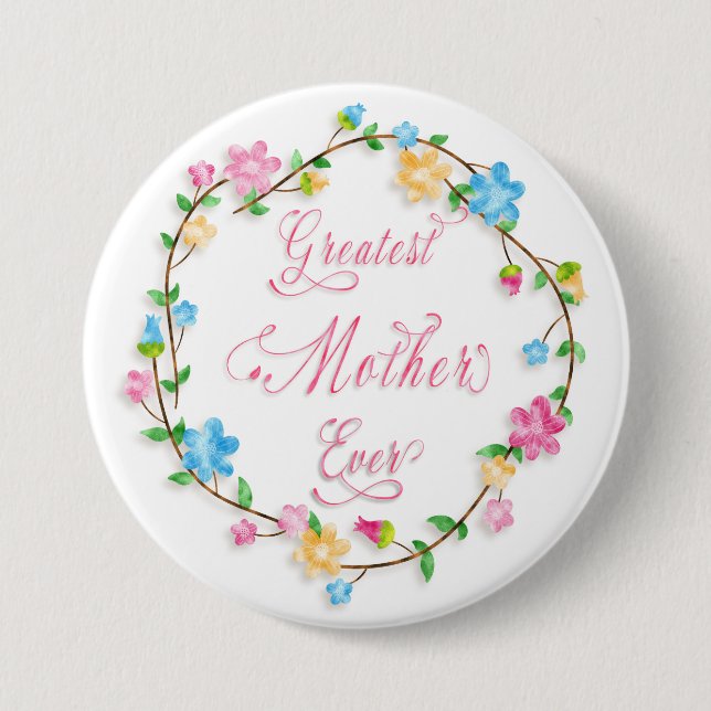 Mother's Day Pretty Floral Wreath Word Art Pinback Button (Front)
