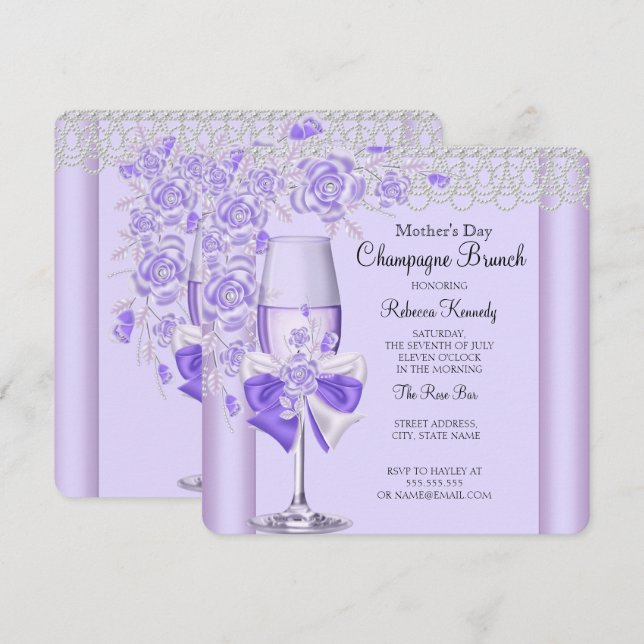 Mother's Day Pretty Lilac Rose Champagne Brunch 2C Invitation (Front/Back)
